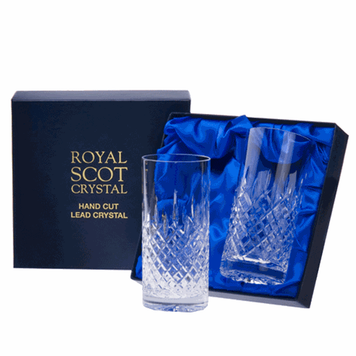 2 Royal Scot Crystal Highball Glasses - London - PRESENTATION BOXED - Award-Winning